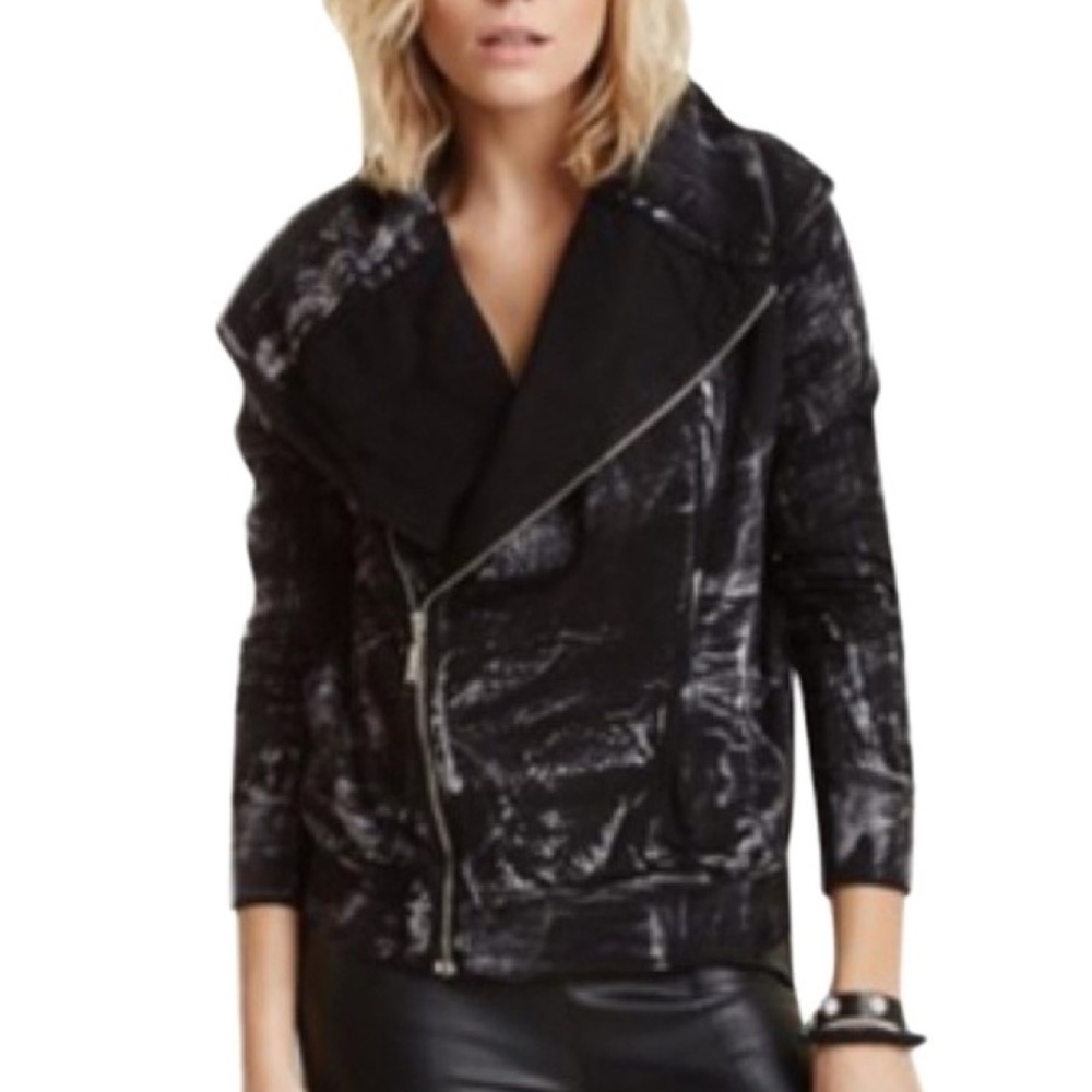 Moto Style Sweatshirt Jacket in Blk/Gy Acid Wash